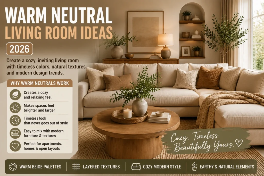 Warm neutral living room with beige sectional sofa, layered textures, earthy decor, and cozy modern interior styling ideas for 2026