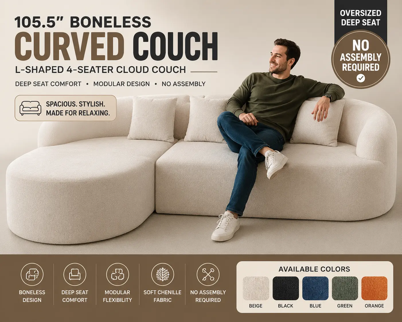 105.5 inch boneless curved couch with deep seat chaise and modular cloud sofa design in beige chenille fabric