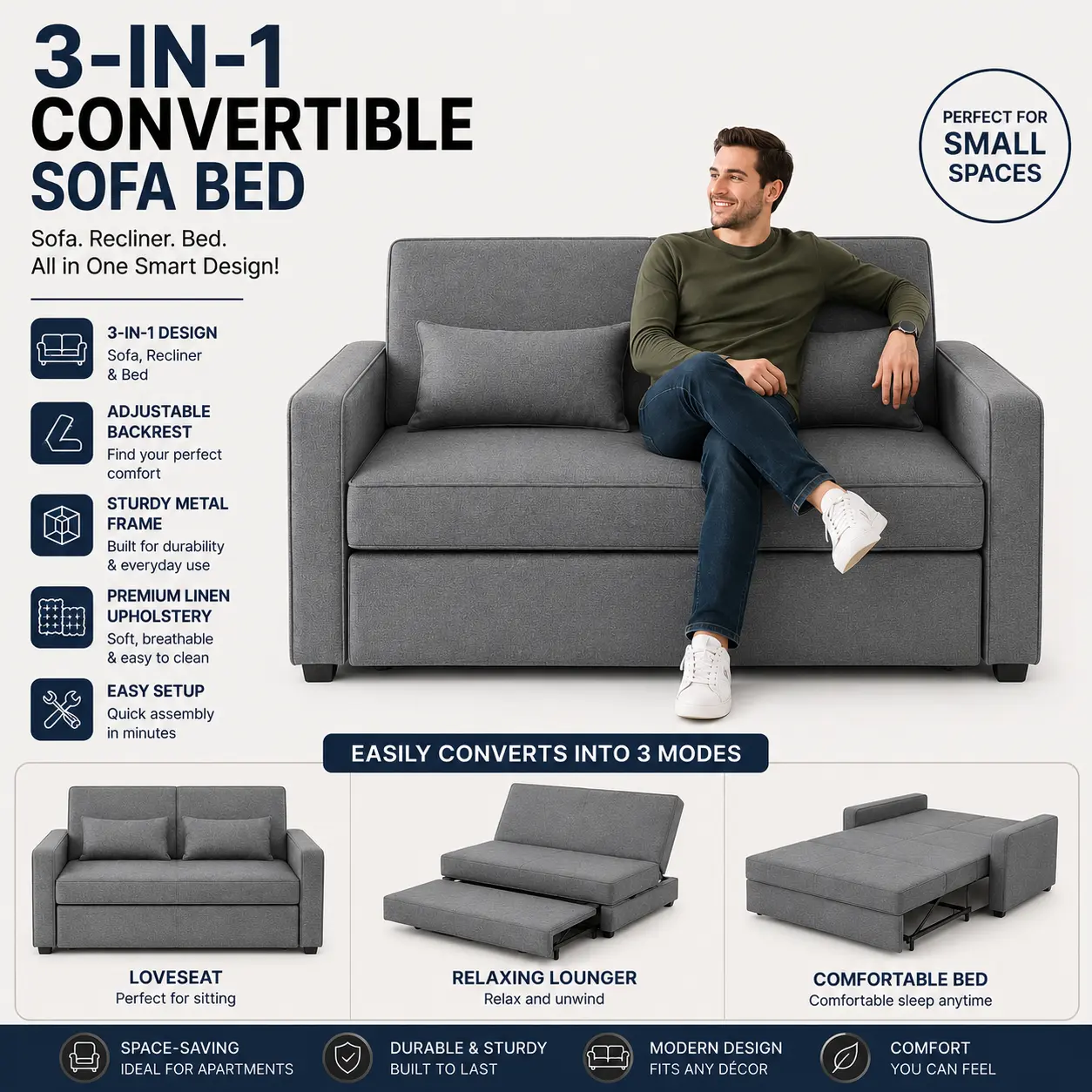 3 in 1 convertible sofa bed with loveseat seating, relaxing lounger mode and pull out bed for small apartments