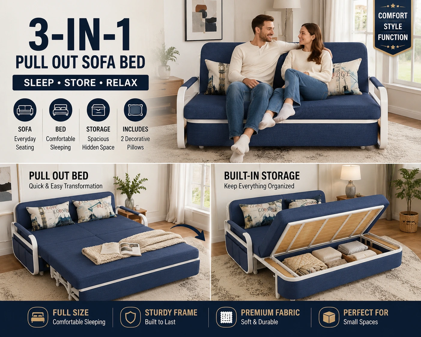 62 inch pull out sofa bed with storage and trundle in midnight navy featuring a convertible sleeper loveseat with hidden storage and pillows for small apartments and living rooms