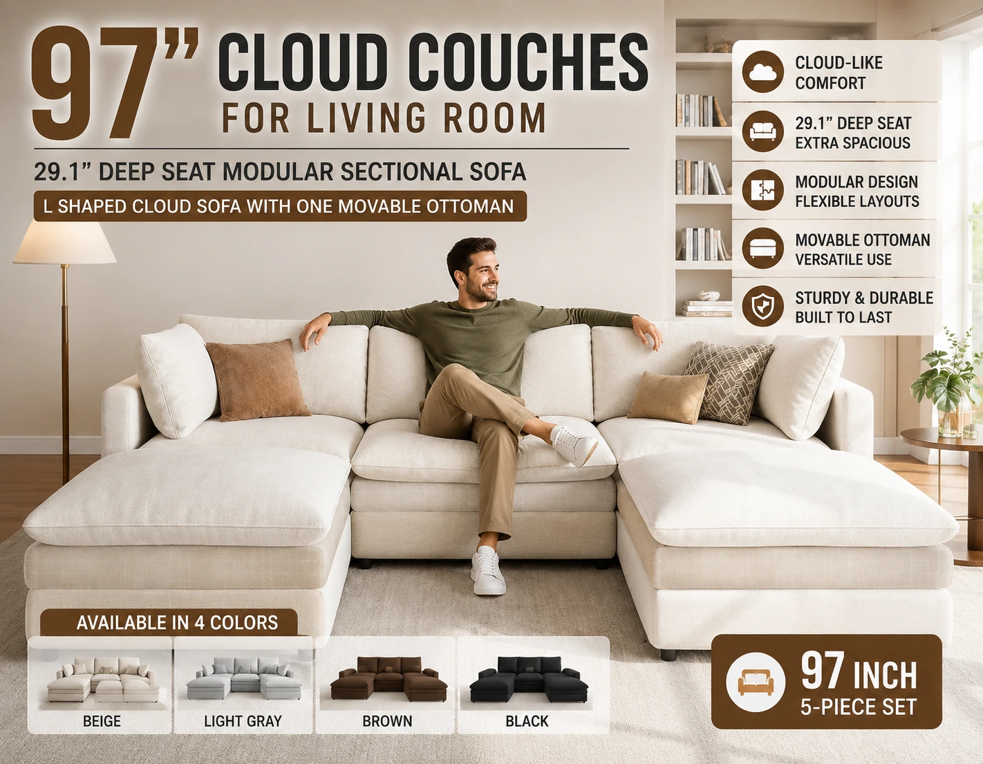 97 inch cloud couch modular sectional sofa with deep seats, movable ottoman and modern living room design