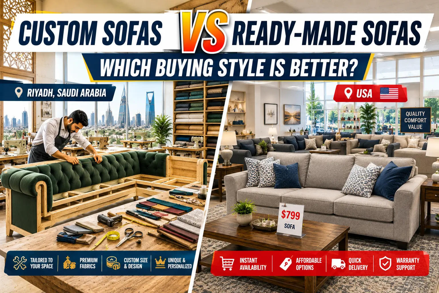 Custom sofa workshop compared with ready made sofa showroom furniture buying options