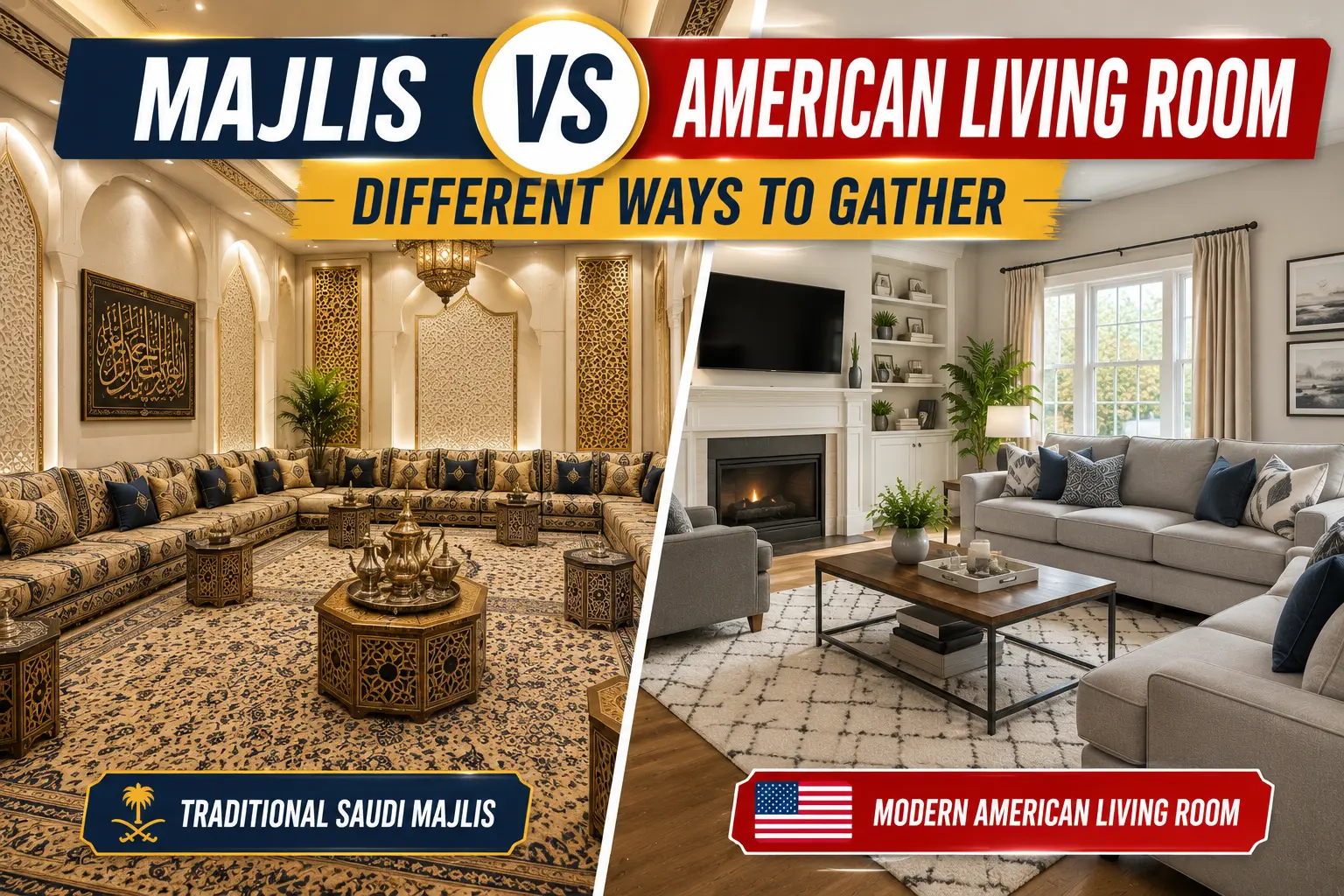 Saudi majlis seating compared with modern American living room furniture layout