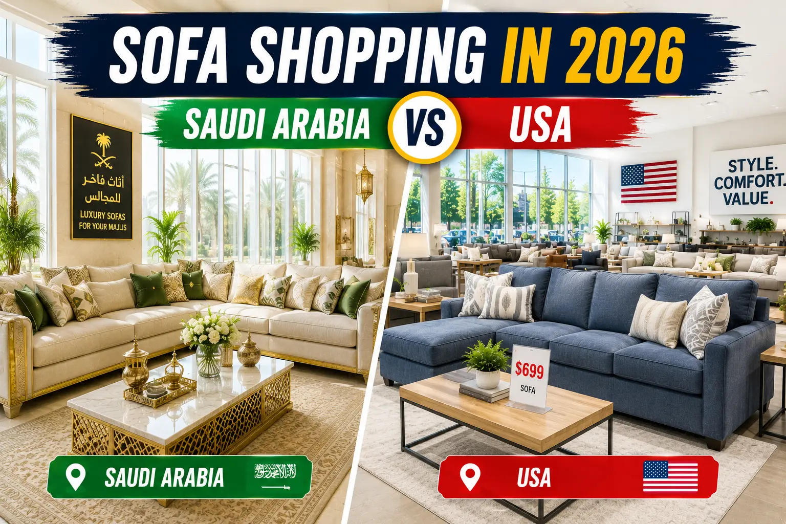 Luxury sofa showroom in Saudi Arabia compared with furniture shopping experience in the USA