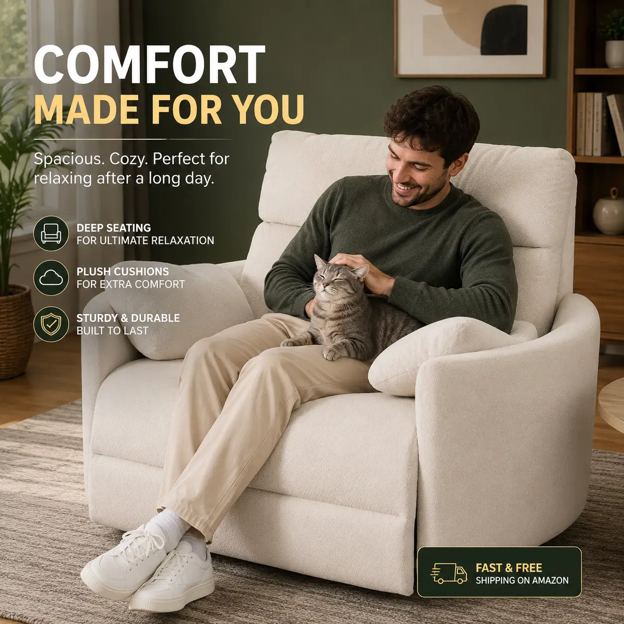 Man relaxing in a plush oversized accent chair with a gray cat in a modern living room