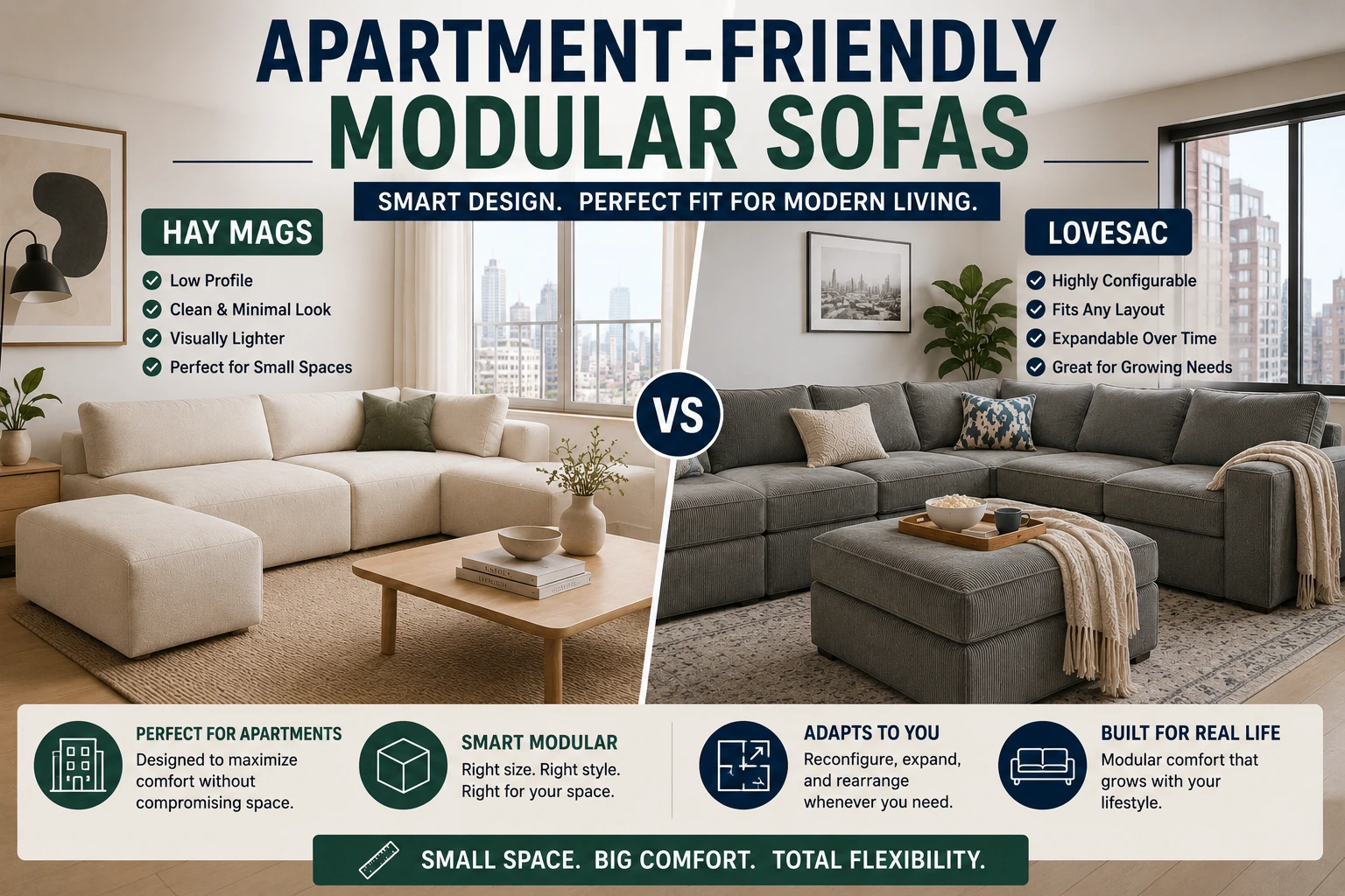 Apartment-friendly modular sofas comparison featuring Hay Mags and Lovesac in modern apartment living rooms with flexible layouts and space-saving designs