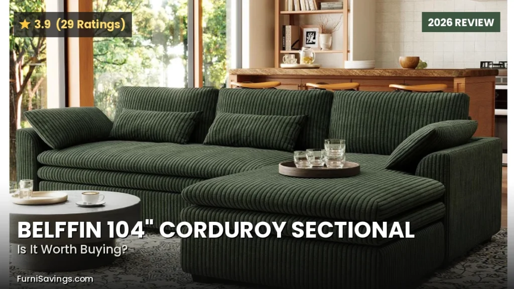 Belffin 104 inch corduroy L-shaped sectional sofa with deep chaise in green, styled in a modern living room