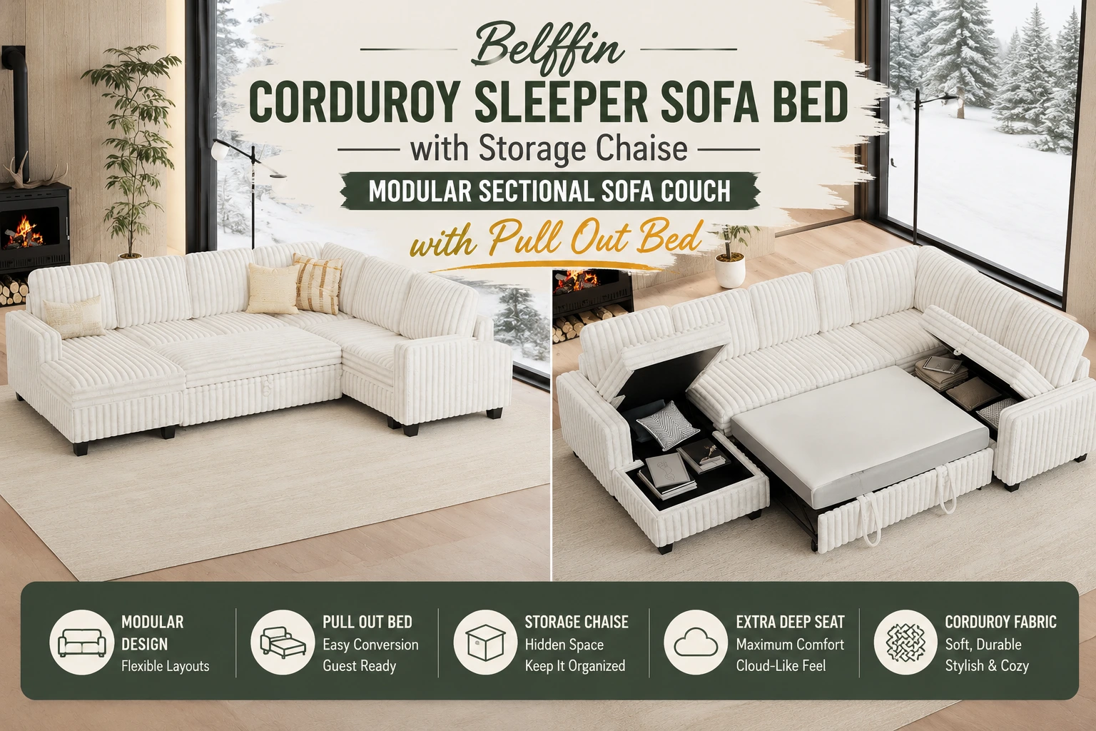 Belffin corduroy sleeper sofa bed with storage chaise, modular sectional sofa couch featuring pull-out bed and hidden storage.