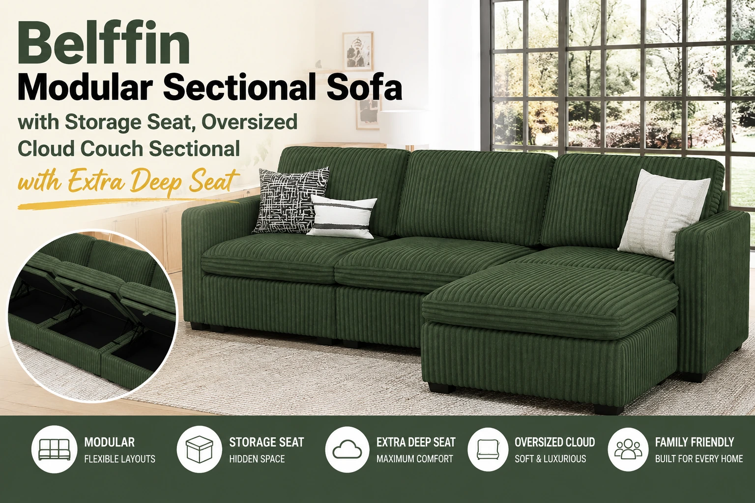 Belffin modular sectional sofa with storage seat, oversized cloud couch sectional featuring extra deep seating and hidden storage compartments.
