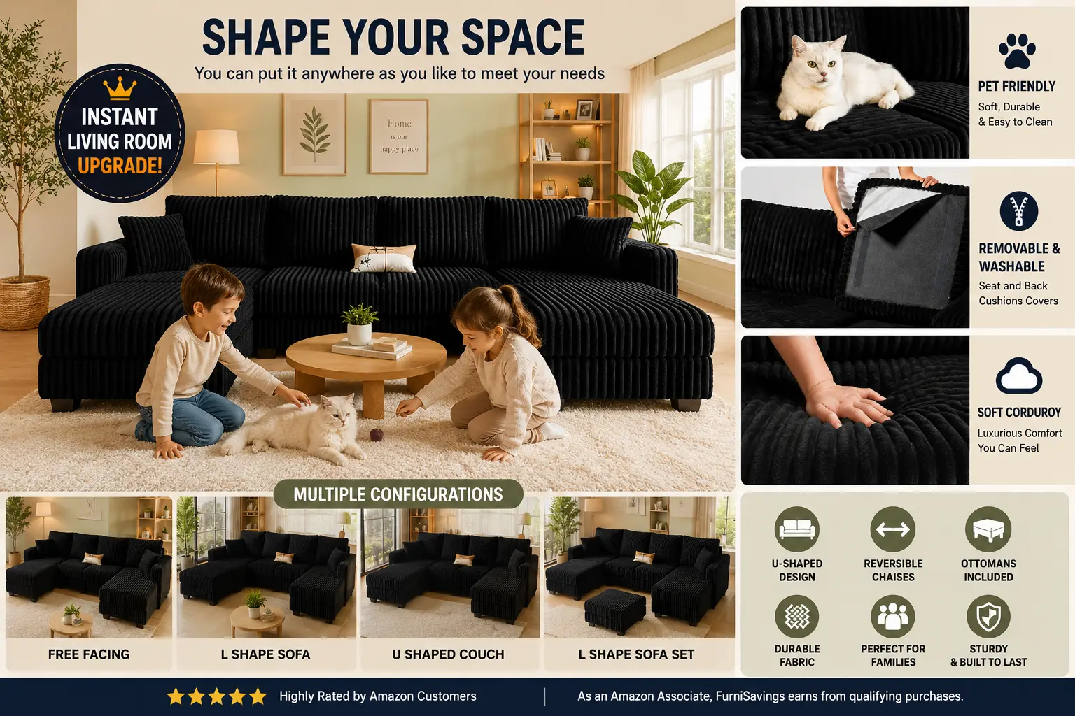 Belffin U-Shaped Sectional Sofa Features - Modular Black Corduroy