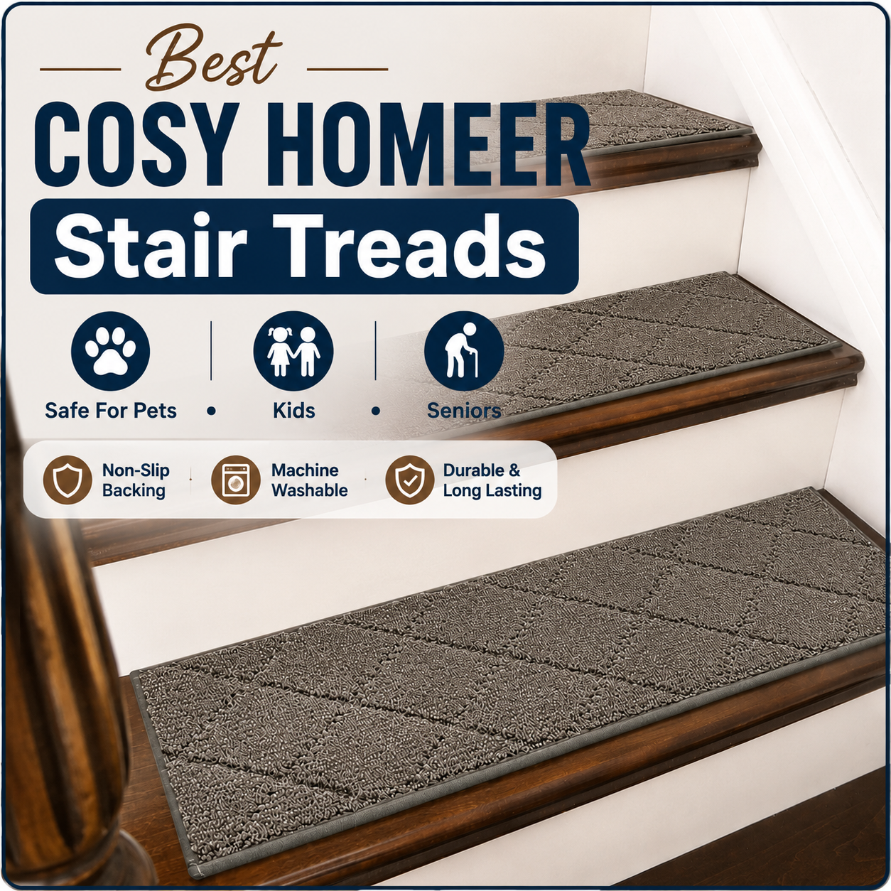 Best COSY HOMEER Stair Treads featuring non-slip washable stair runners for pets, kids, seniors, and hardwood stairs