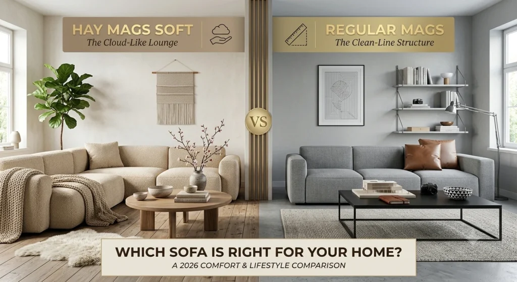 HAY Mags Soft and Regular Mags side-by-side living room comparison featured image.