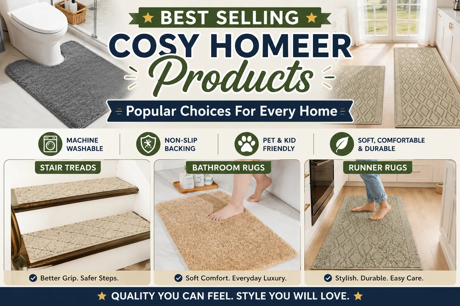 Best selling COSY HOMEER products featuring bathroom rugs, runner rugs, and stair treads designed for comfort, safety, durability, and everyday home use