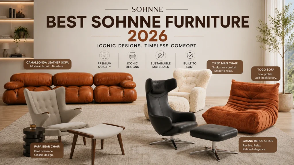 Best Sohnne furniture 2026 — Camaleonda Leather Sofa, Tired Man Chair, Togo Sofa, Papa Bear Chair, and Grand Repos Chair