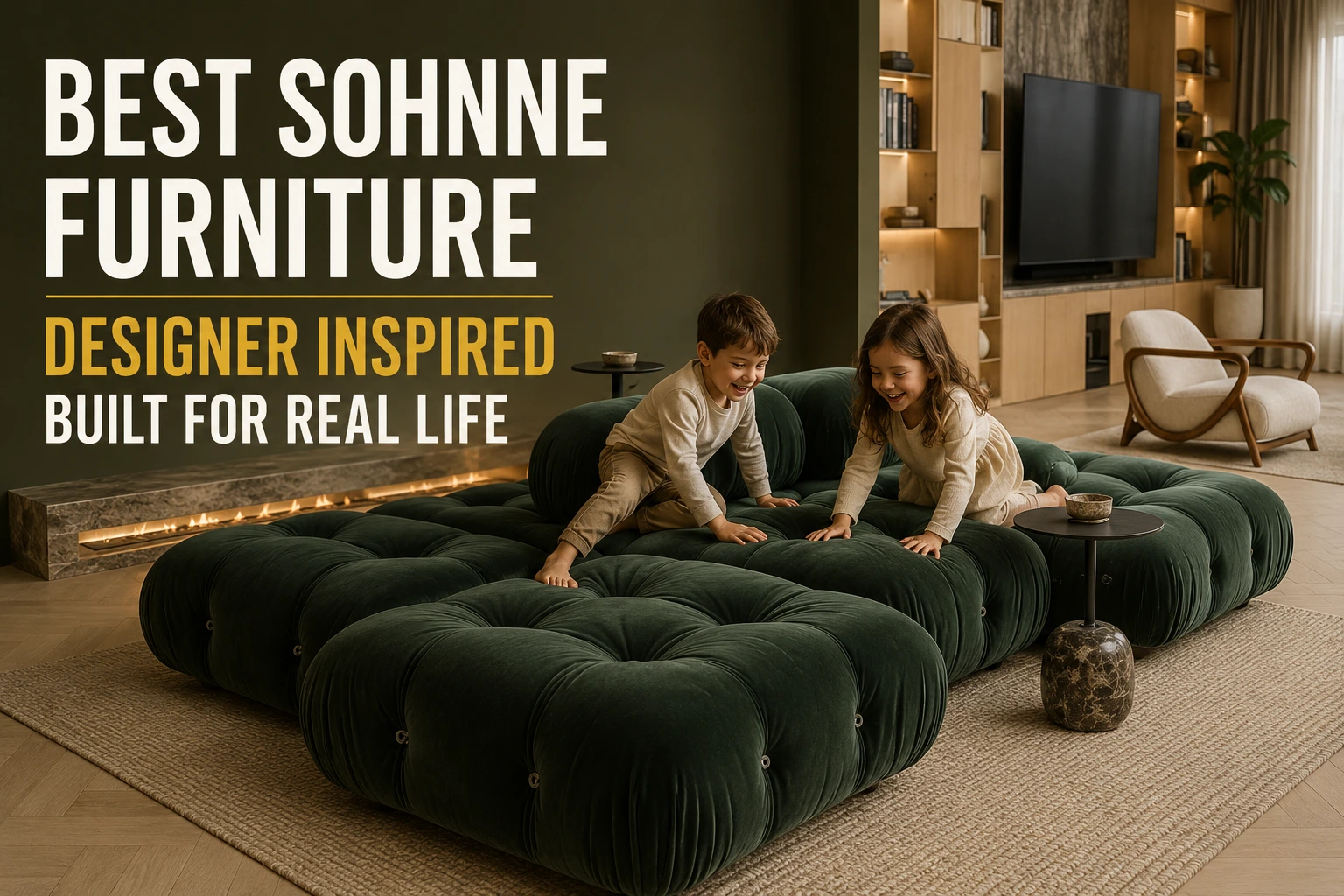 Children playing on a luxury modular sofa in a modern living room showcasing designer-inspired Sohnne furniture for everyday family living.