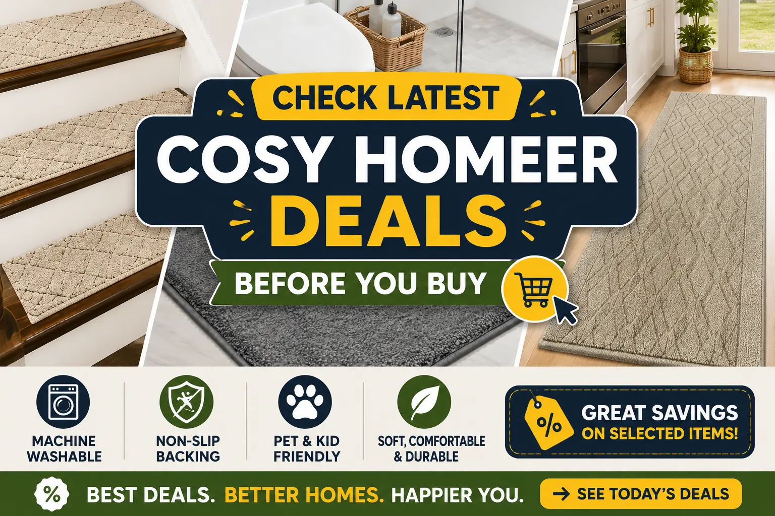 Check latest COSY HOMEER deals before you buy featuring bathroom rugs, kitchen rugs, runner rugs, and stair treads with machine washable and non-slip designs