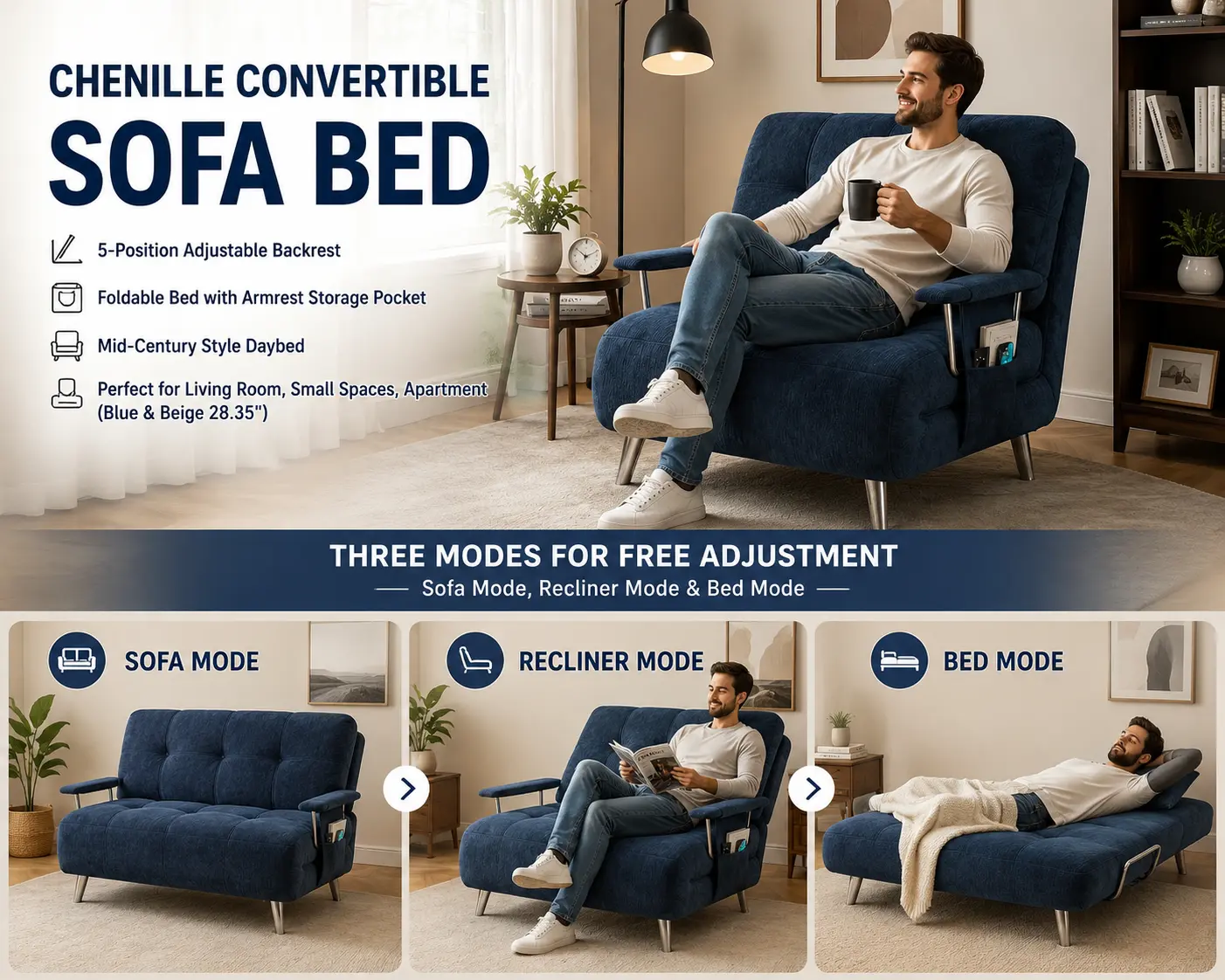 Chenille convertible sofa bed with sofa mode, recliner mode, and bed mode for apartments and small living spaces