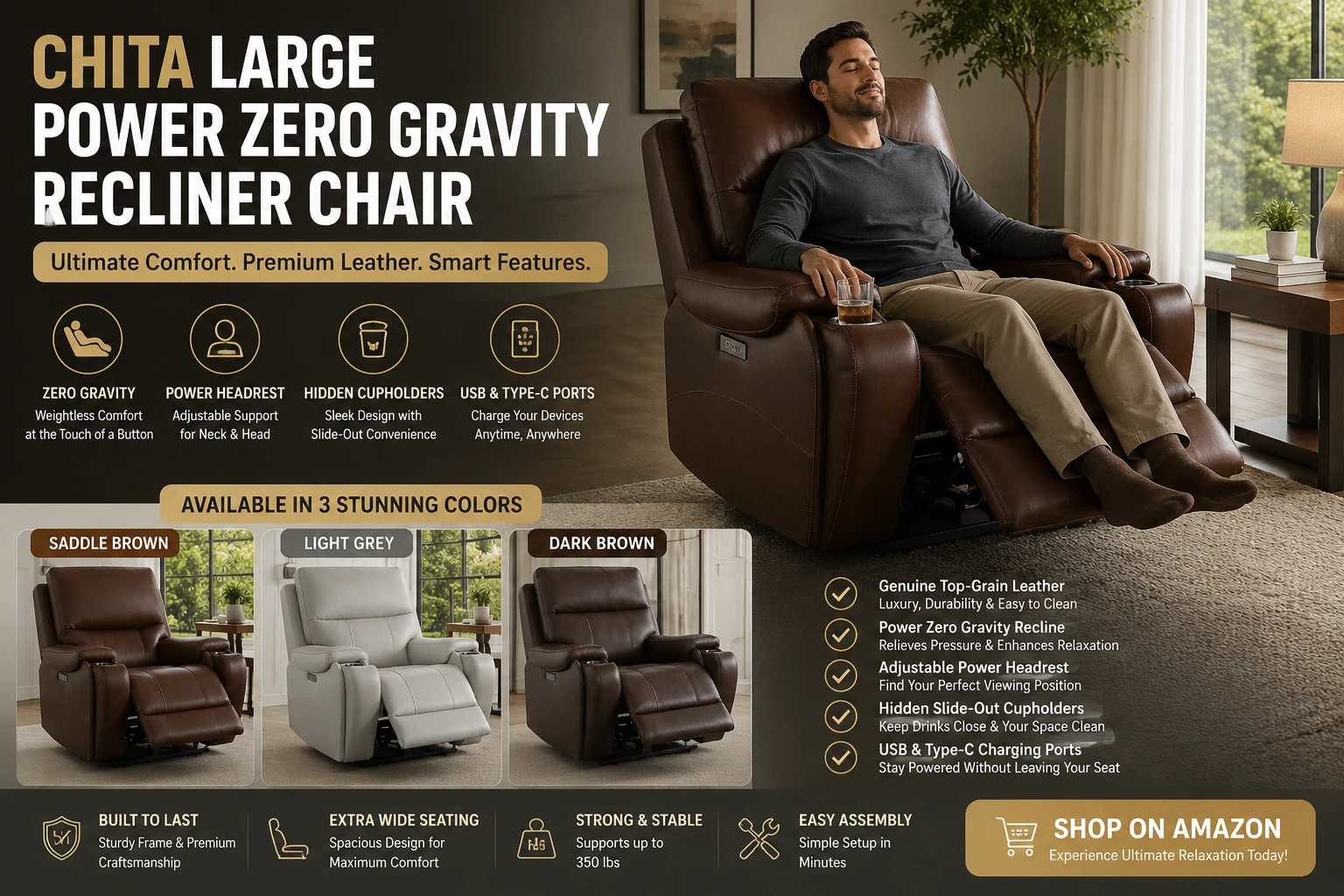 CHITA Large Power Zero Gravity Recliner Chair with genuine leather upholstery, adjustable headrest, hidden cupholders, USB ports, and power reclining function