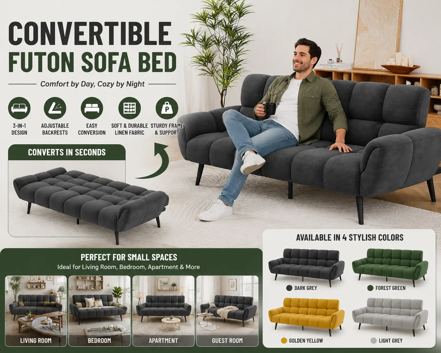 Convertible futon sofa bed with adjustable backrest and sleeper function for small apartments and living rooms