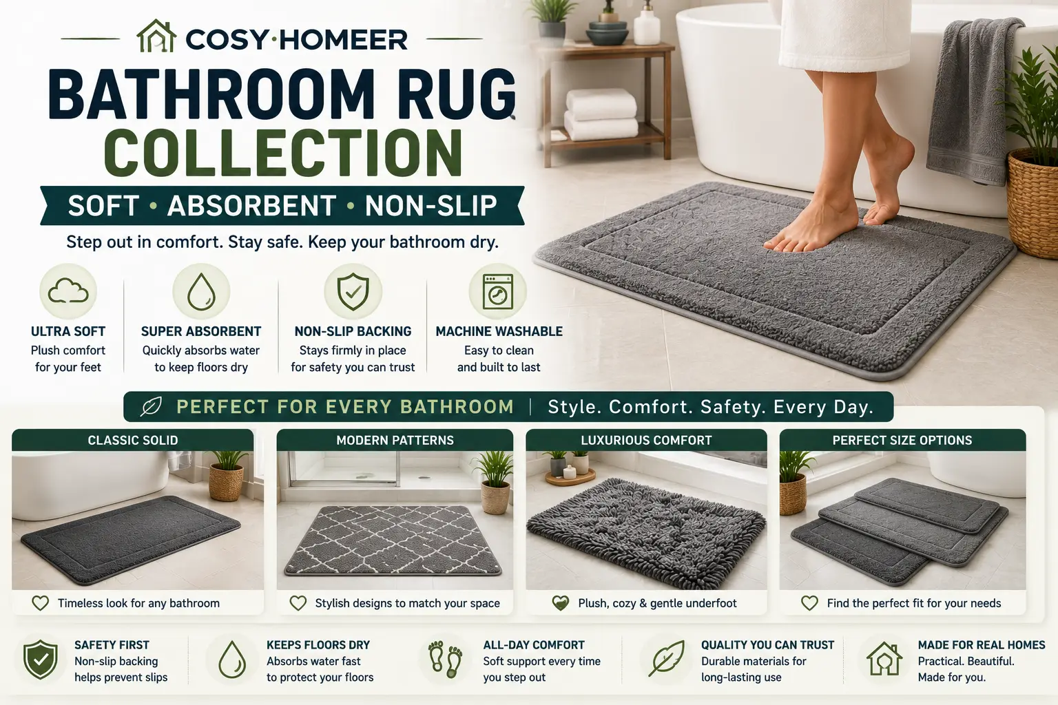 COSY HOMEER bathroom rug collection featuring soft absorbent non-slip bath rugs designed for comfort safety and everyday bathroom use