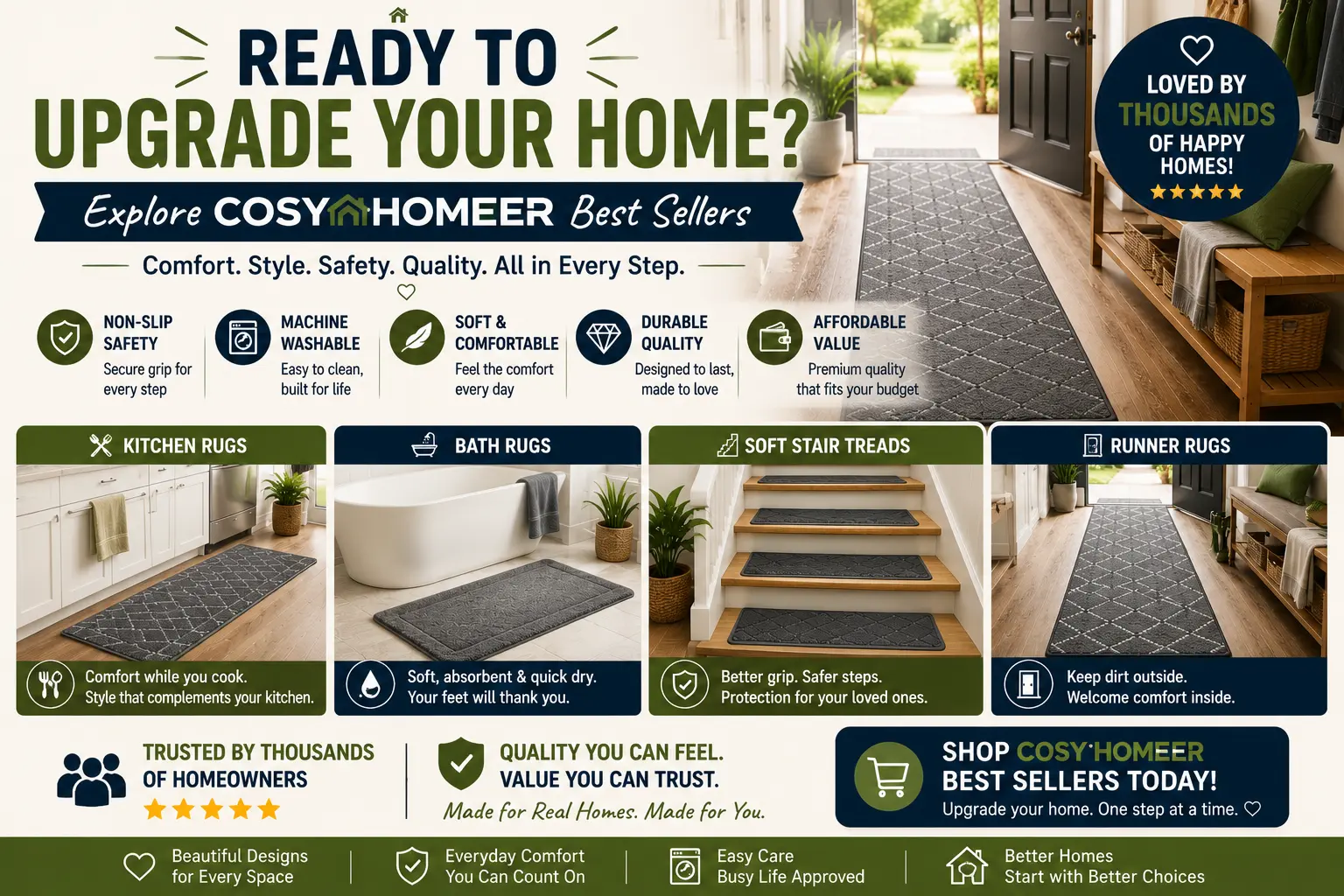 COSY HOMEER best sellers featuring kitchen rugs, bath rugs, soft stair treads, and runner rugs designed for comfort, safety, durability, and everyday home use