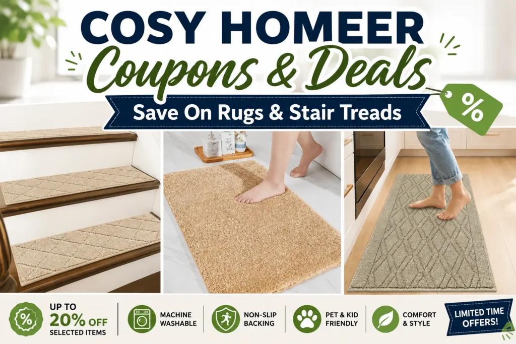 COSY HOMEER Coupons and Deals feature image showing bathroom rugs, kitchen rugs, and stair treads with savings of up to 20 percent on selected products