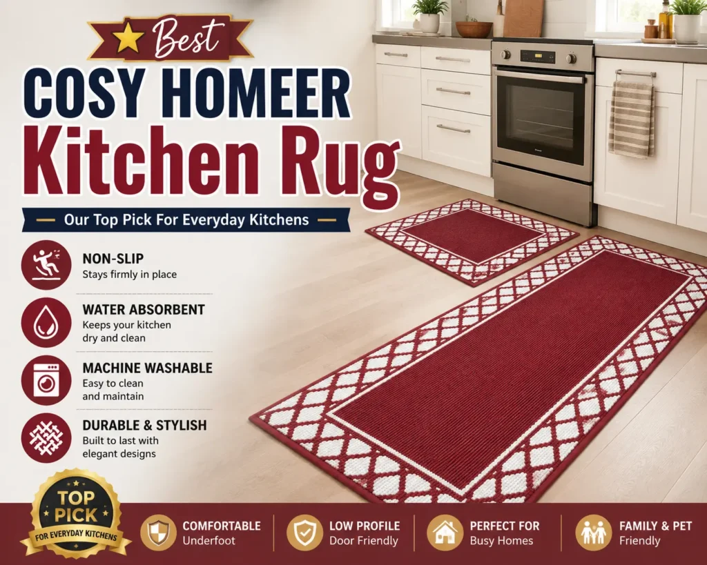 COSY HOMEER Kitchen Rug Review 2026 featuring a washable non-slip water absorbent kitchen rug designed for everyday kitchens