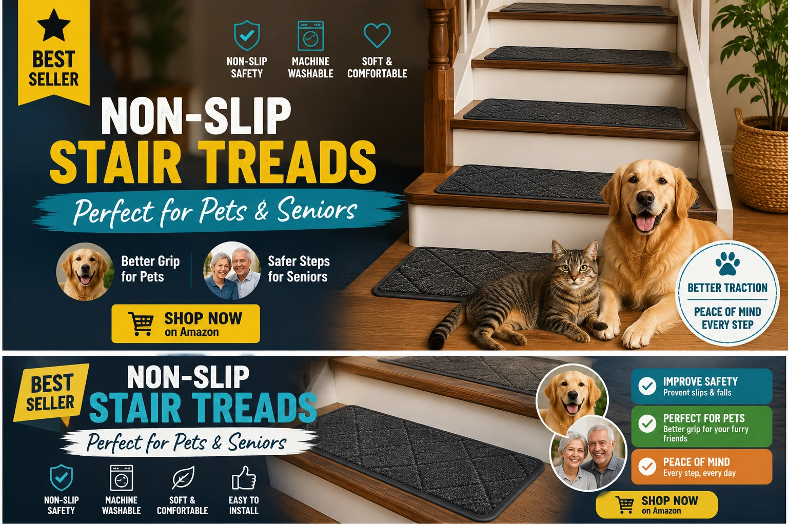 COSY HOMEER non-slip stair treads installed on hardwood stairs providing better grip and safety for pets, dogs, cats, seniors, and families