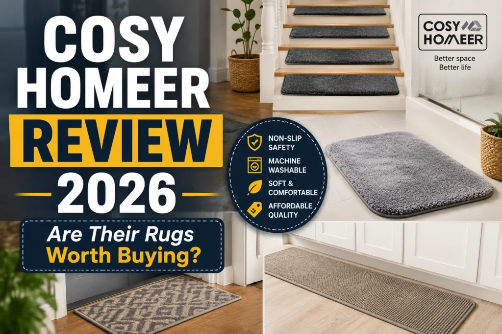 COSY HOMEER review 2026 featuring bathroom rugs, stair treads, kitchen mats, and entryway rugs with non-slip and machine washable features