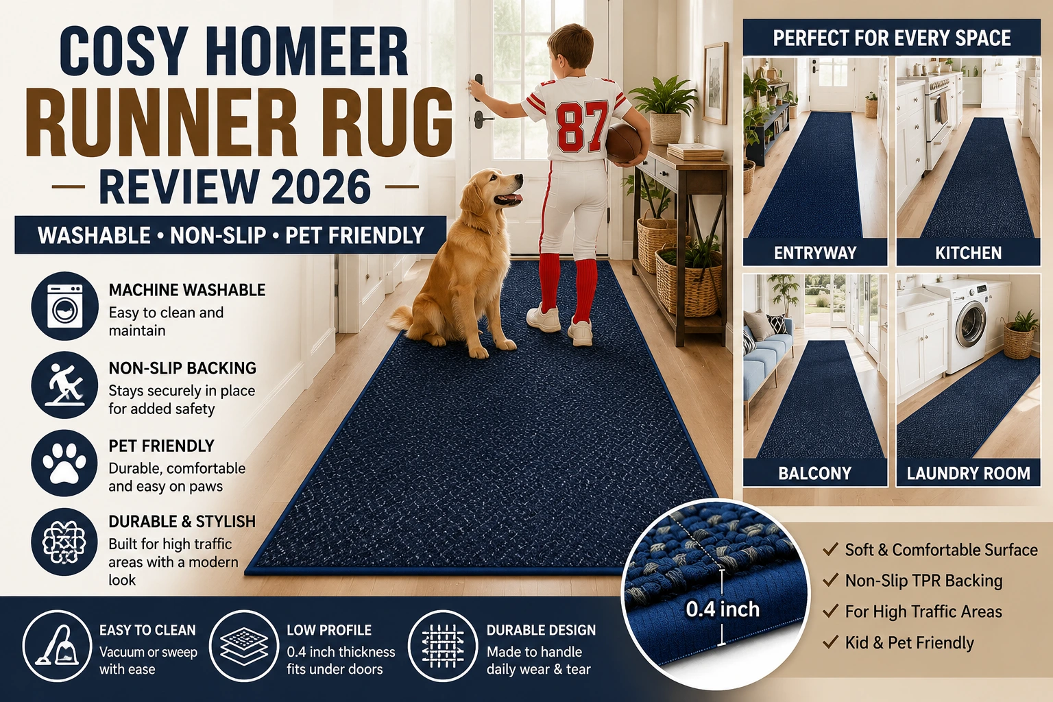 COSY HOMEER Runner Rug Review 2026 featuring a washable non-slip pet friendly hallway runner rug for entryways kitchens laundry rooms and high traffic areas
