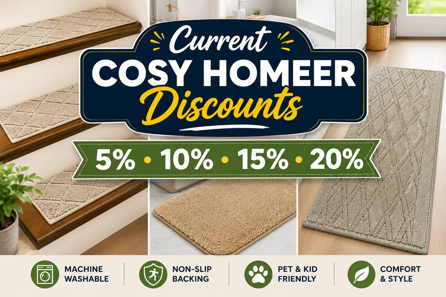 Current COSY HOMEER discounts featuring stair treads, bathroom rugs, kitchen rugs, and runner rugs with savings from 5 percent to 20 percent on selected products