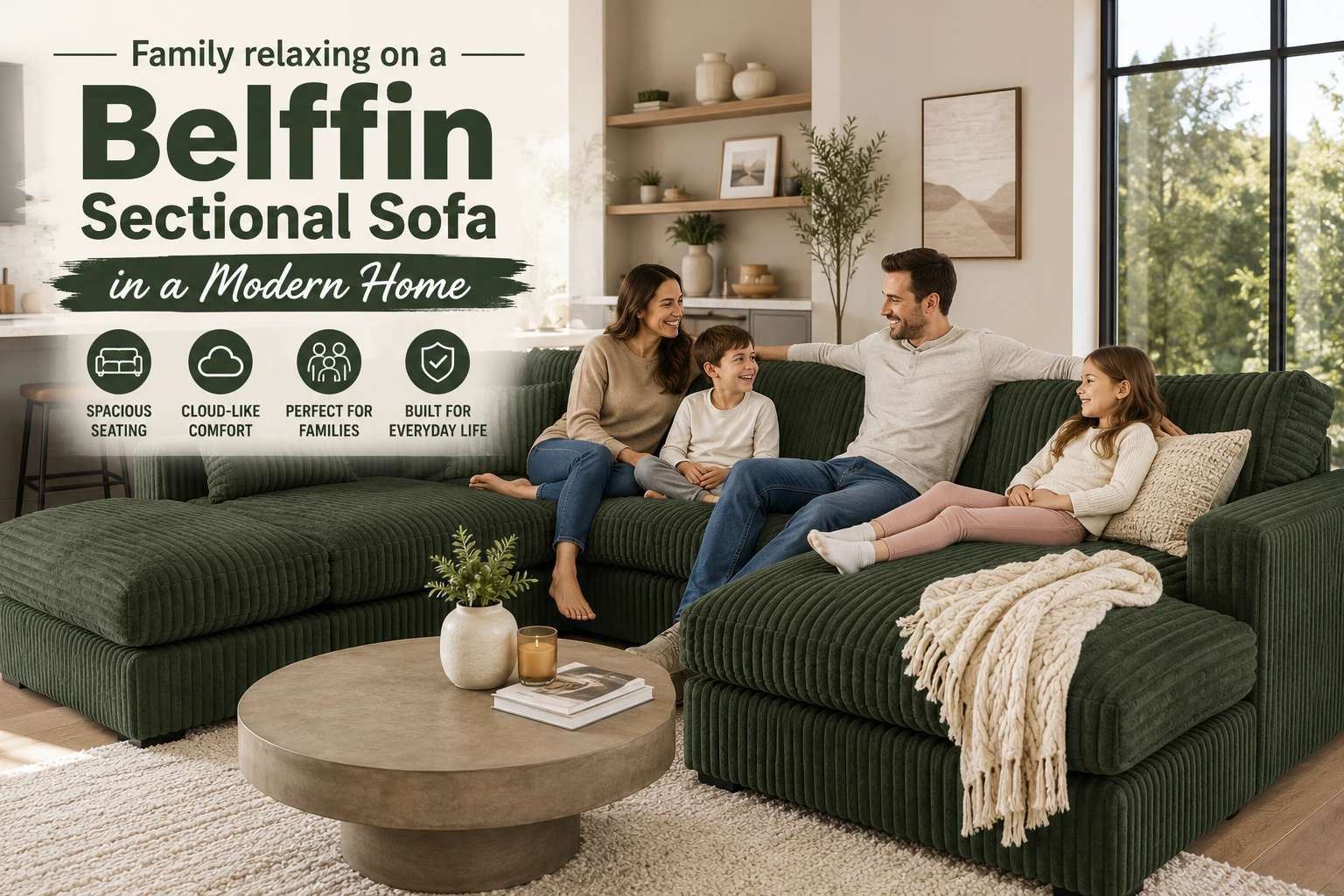 Family relaxing on a Belffin sectional sofa in a modern home featuring deep seating, cloud-like comfort, and spacious modular design.