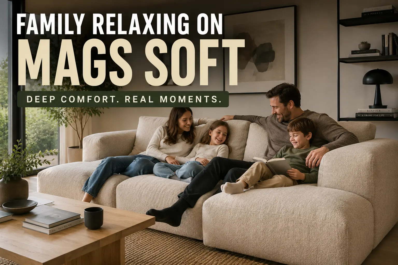 Family relaxing together on a Hay Mags Soft modular sofa in a modern Scandinavian living room featuring deep comfortable seating and cozy family-friendly design