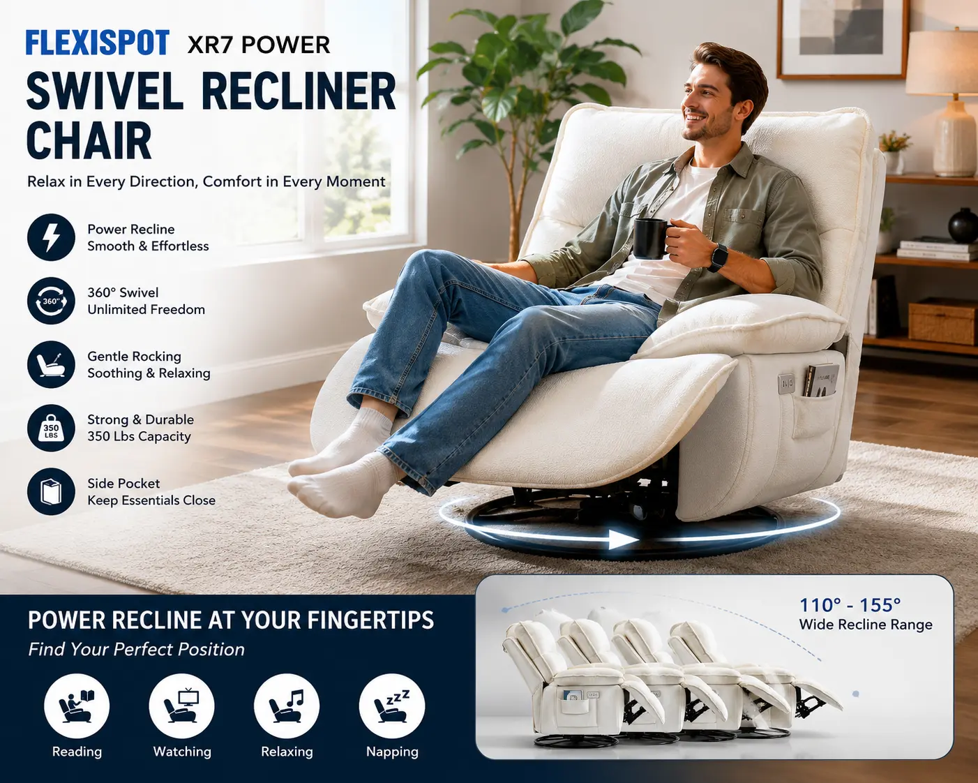 FLEXISPOT XR7 power swivel recliner chair with wide seat, reclining footrest, rocking function, and swivel base in a modern living room
