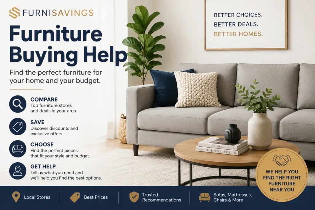 Furniture buying help service helping shoppers find sofas, mattresses, and furniture deals near them