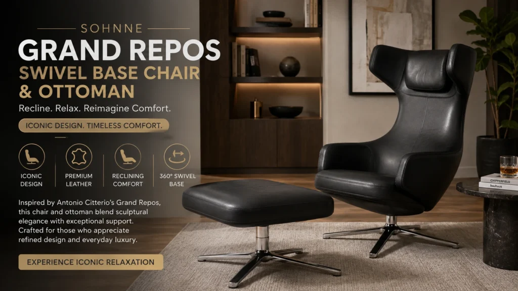 Grand Repos Swivel Base Chair and Ottoman by Sohnne, reclining leather lounge chair