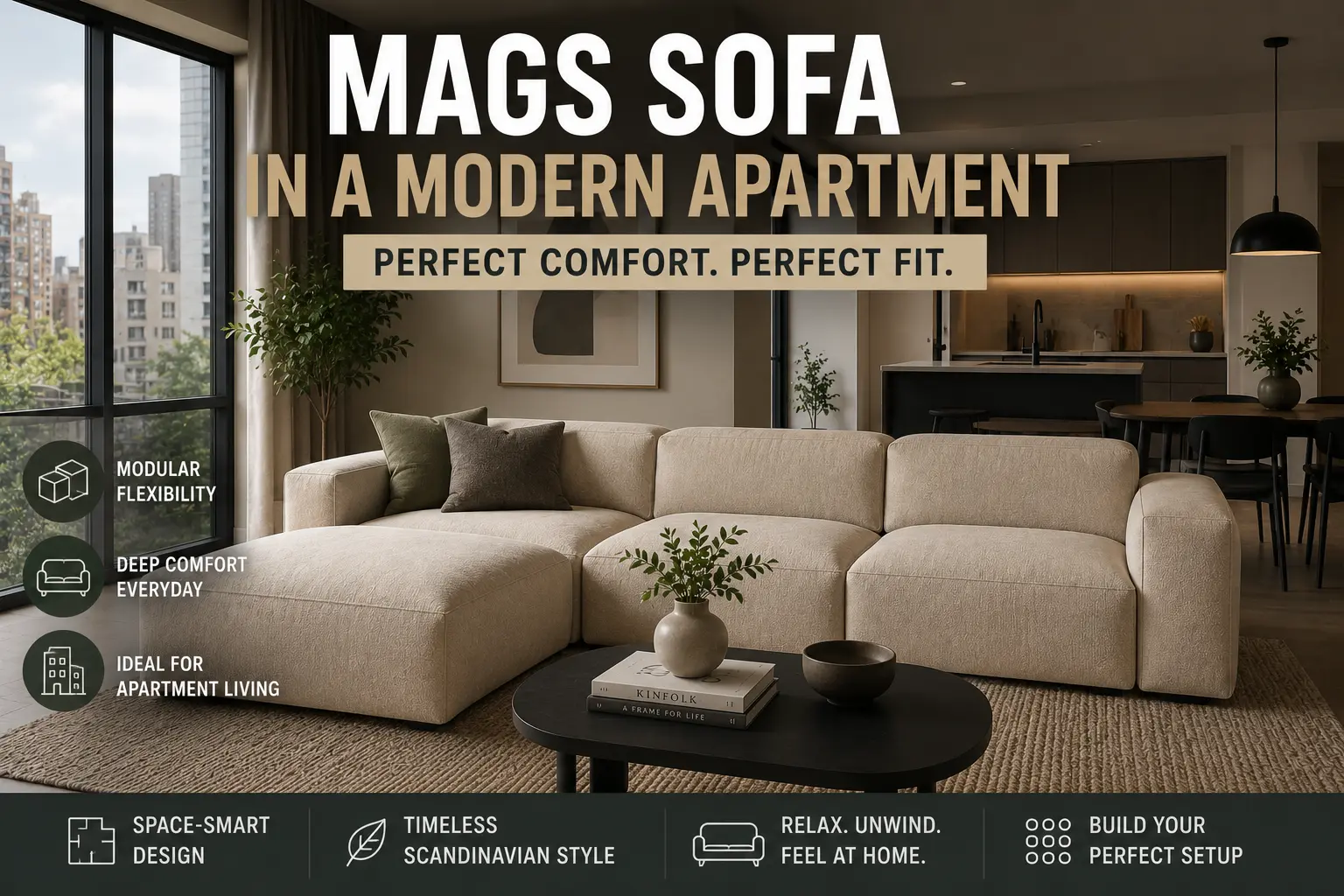 Hay Mags modular sofa in a modern apartment living room featuring Scandinavian design, deep seating comfort, and space-saving modular layout