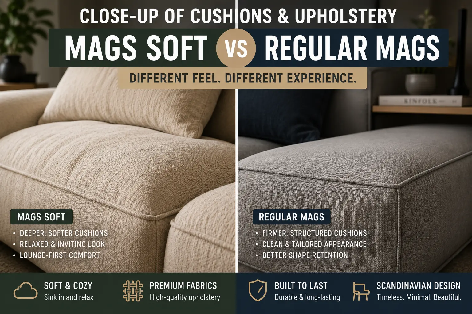 Close-up view of Hay Mags Soft sofa cushions and premium upholstery fabric showing texture, stitching, comfort, and Scandinavian craftsmanship