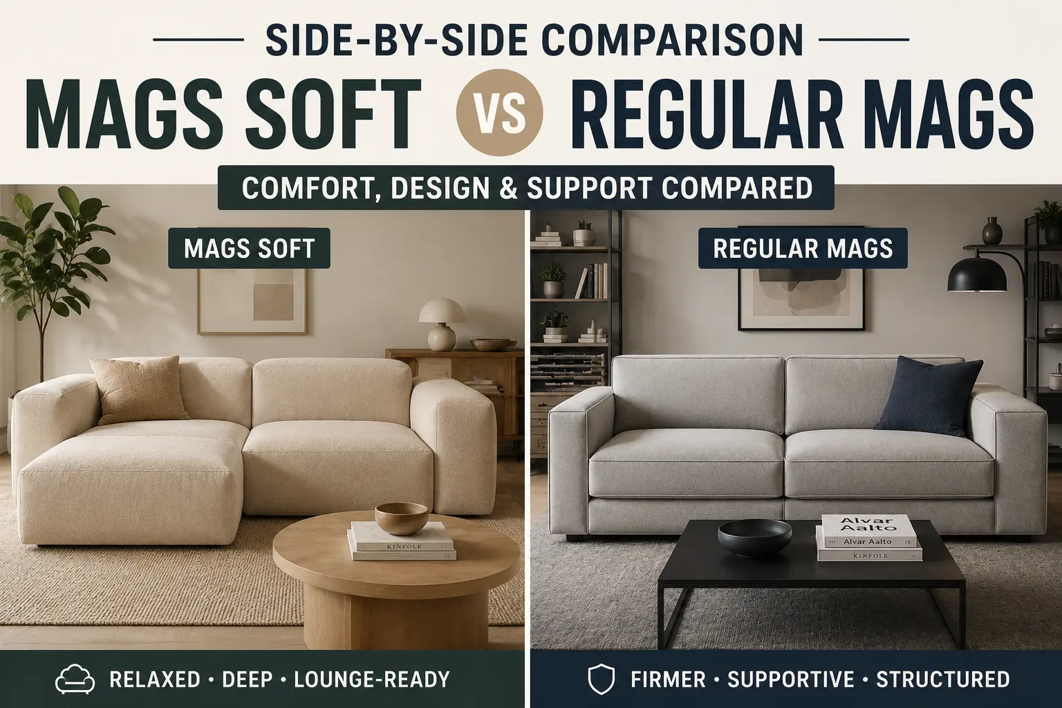 Side-by-side comparison of Hay Mags Soft and Regular Mags sofas showing differences in comfort, support, cushion firmness, and Scandinavian design style