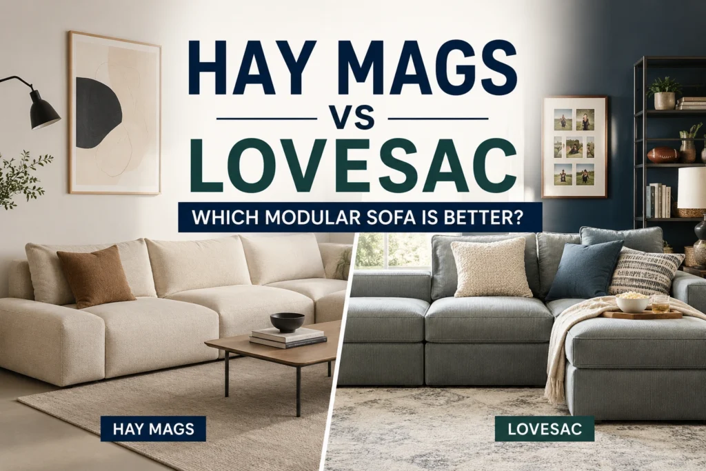 Hay Mags vs Lovesac modular sofa comparison showing Scandinavian design, comfort, customization, and family-friendly features in modern living rooms