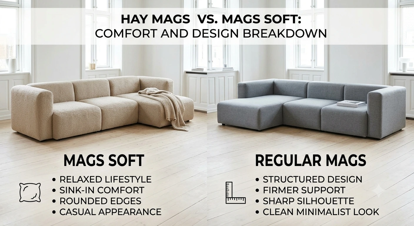 HAY Mags Soft vs Regular Mags side-by-side comfort and design infographic comparison.