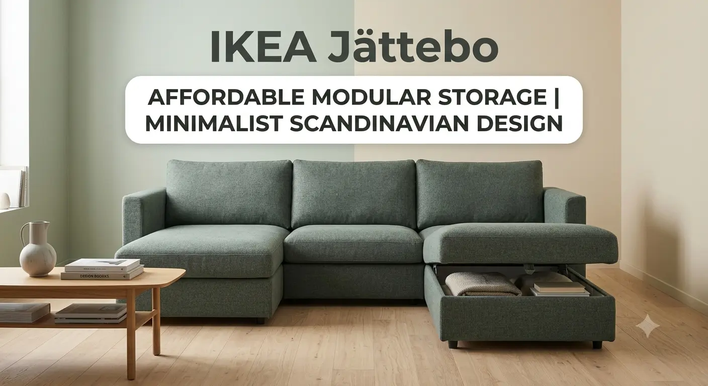 IKEA Jättebo modern low-profile modular sectional couch with overlay text about affordable storage.