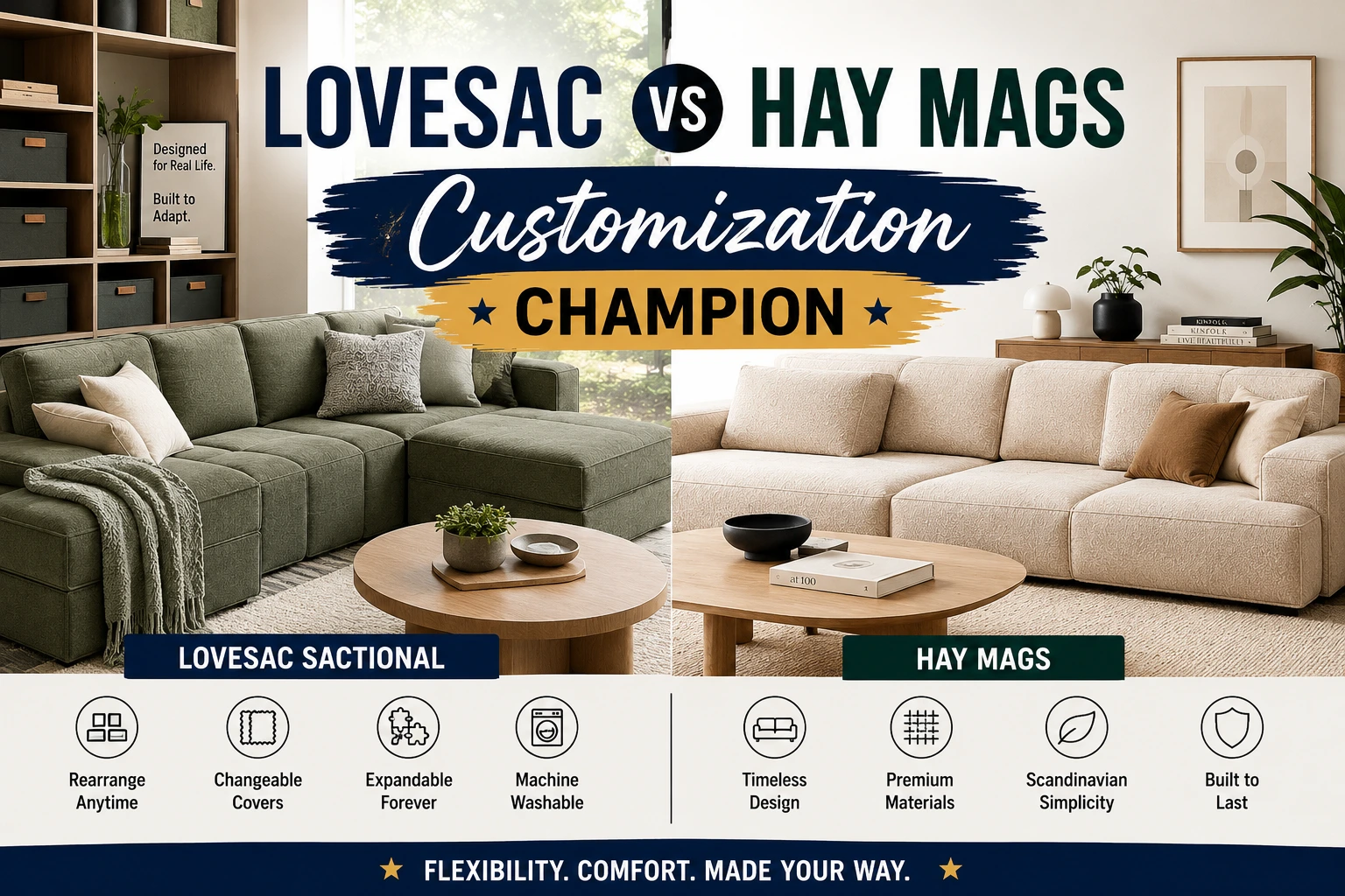 Lovesac vs HAY Mags modular sofa comparison highlighting customization, flexibility, washable covers, Scandinavian design, and premium comfort