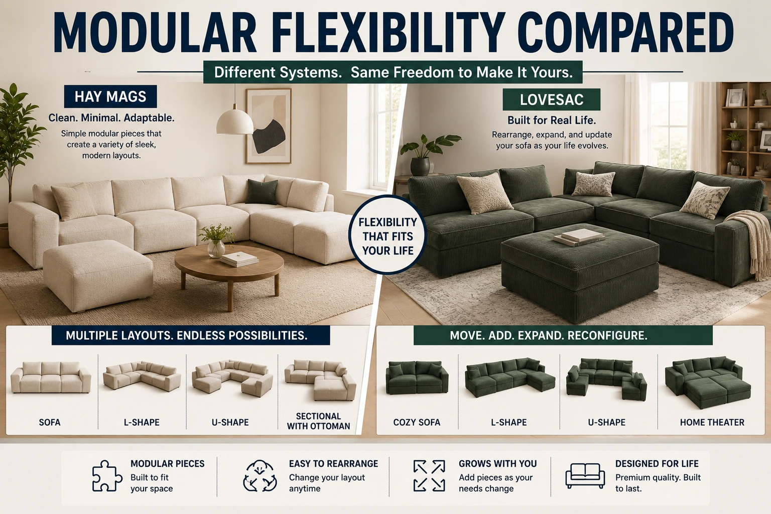 Modular flexibility comparison between Hay Mags and Lovesac sofas showing customizable layouts, movable sections, and adaptable living room configurations