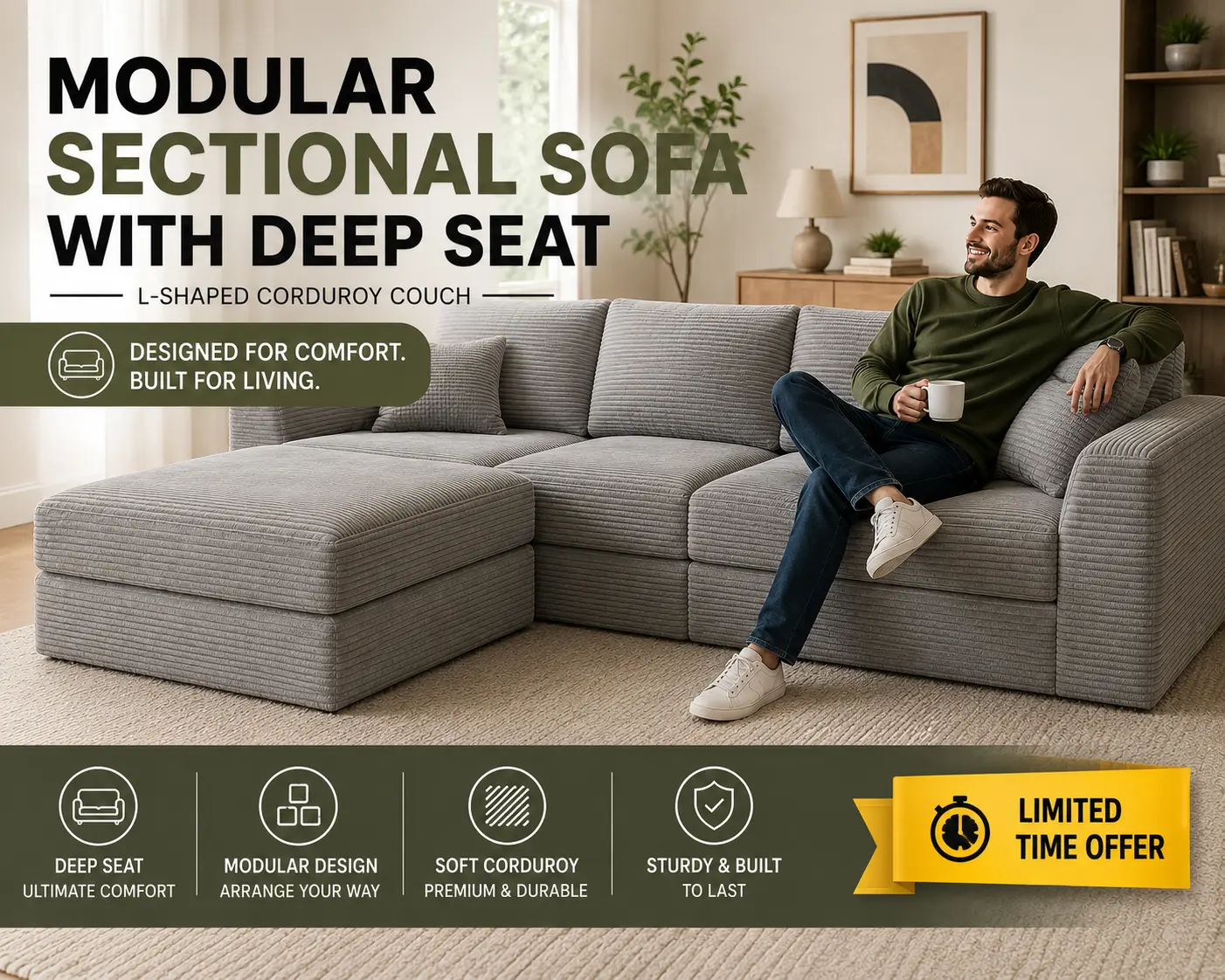 Modular sectional sofa with deep seat and L-shaped corduroy design in a modern living room