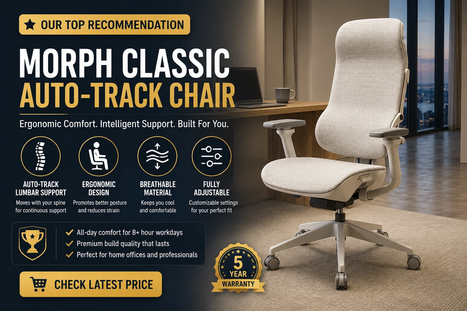 The Morph Classic Auto-Track Chair is our top recommendation for professionals seeking ergonomic comfort, lumbar support, and long-term value.