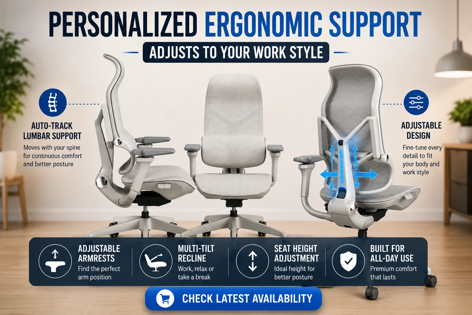Morph Classic Auto-Track Chair showing adjustable armrests lumbar support recline and personalized ergonomic office chair features