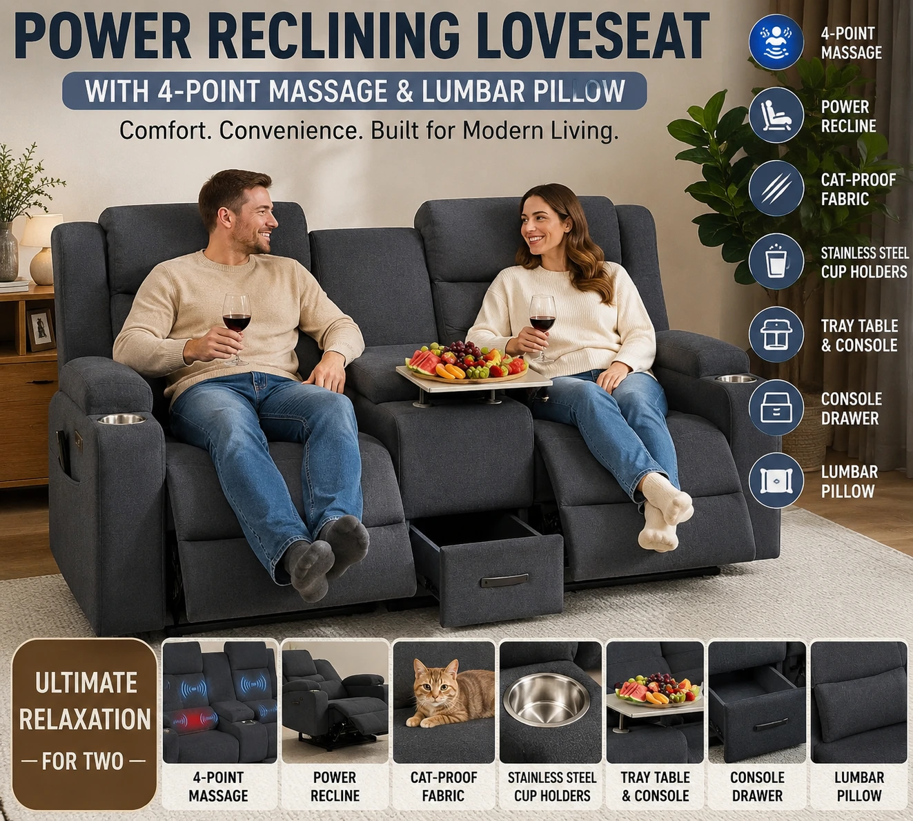 Power reclining loveseat with massage function, console drawer, tray table, cup holders, and comfortable seating for couples