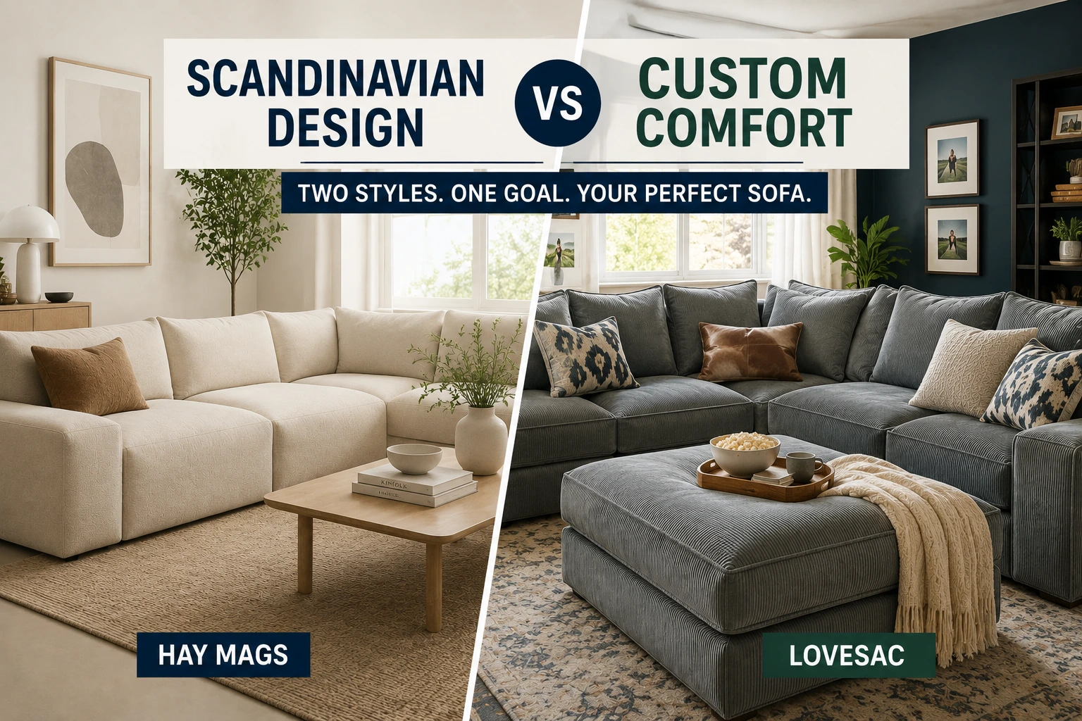 Scandinavian design vs custom comfort comparison featuring Hay Mags and Lovesac modular sofas in modern living room settings