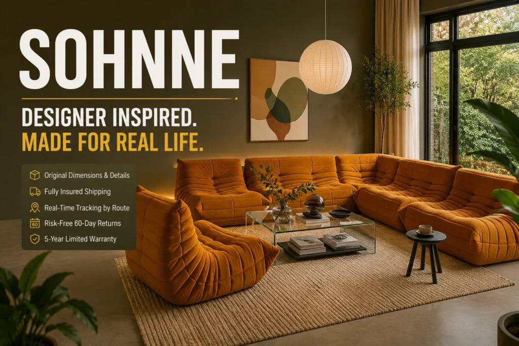Modern Sohnne-inspired modular sofa and lounge chair in a luxury living room featuring designer furniture, premium comfort, and contemporary interior design.